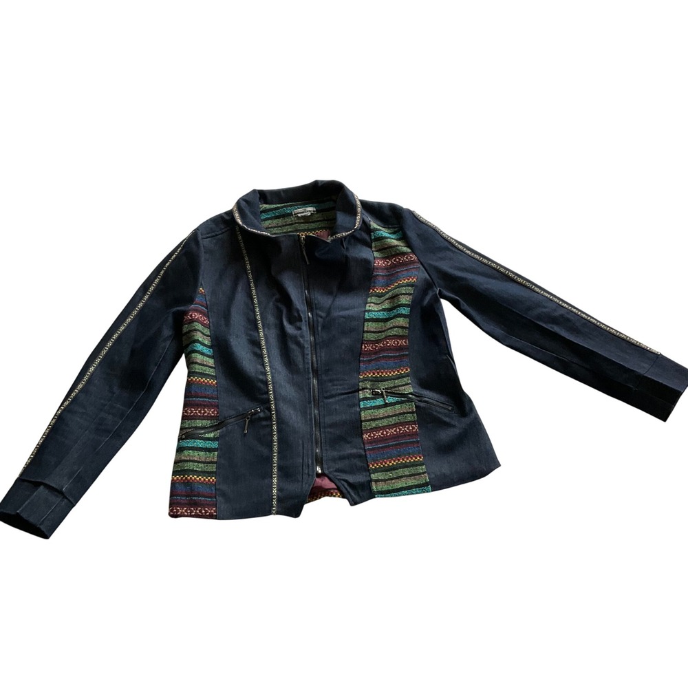 Mirror Image Denim Jacket‎ Women Medium Blue Southwestern Boho Zip Up